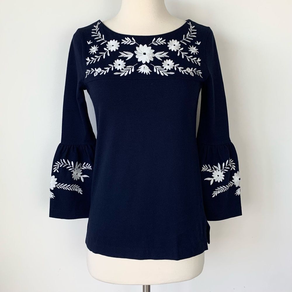 J.Crew 100% Cotton Navy Blue Floral Embroidered Flare Sleeve Top Size XXS NWT